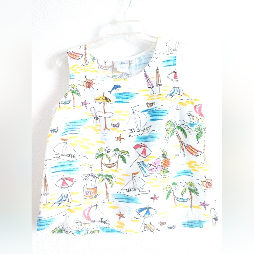 Cute Hot Cotton Petite Linen Blend Tank Top Colorful Beach Scene Print Size PS
